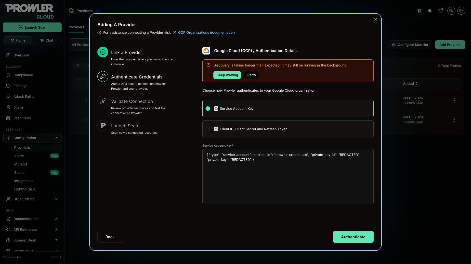 Discovery timeout notice offering Keep waiting and Retry