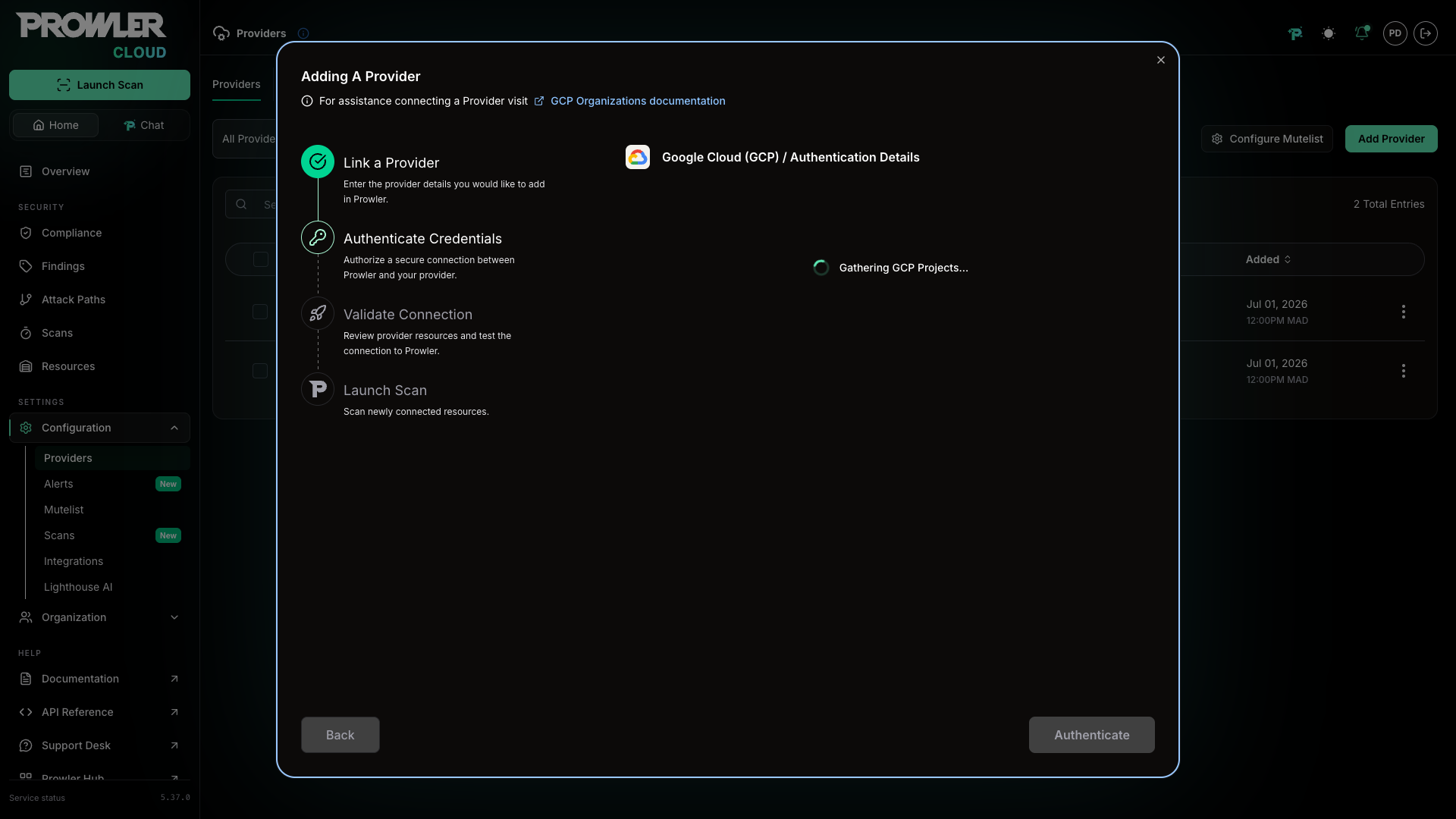 Gathering GCP Projects spinner shown while discovery runs