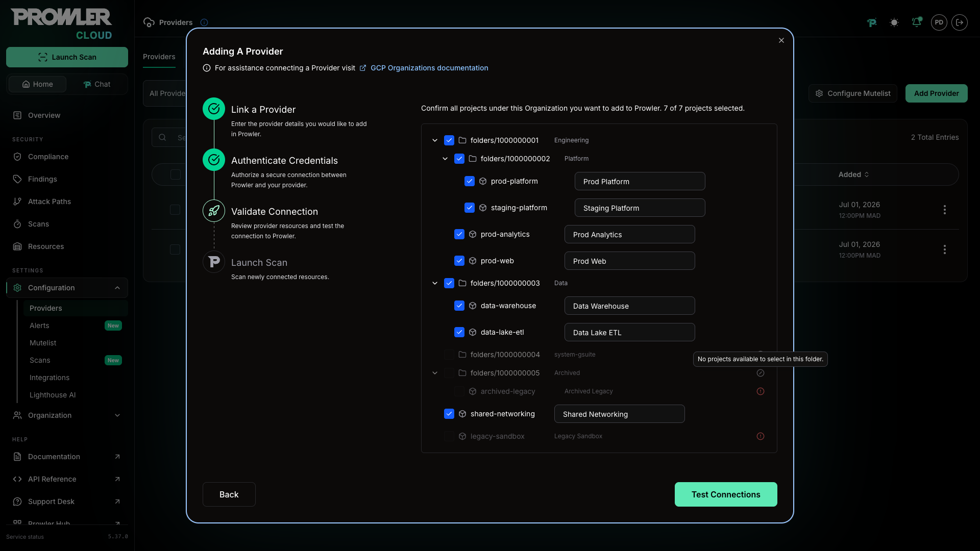 Disabled folder row noting that no projects are available to select