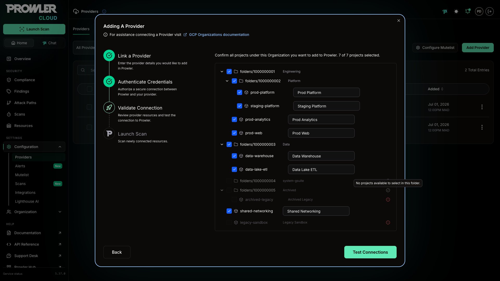 Disabled folder row noting that no projects are available to select