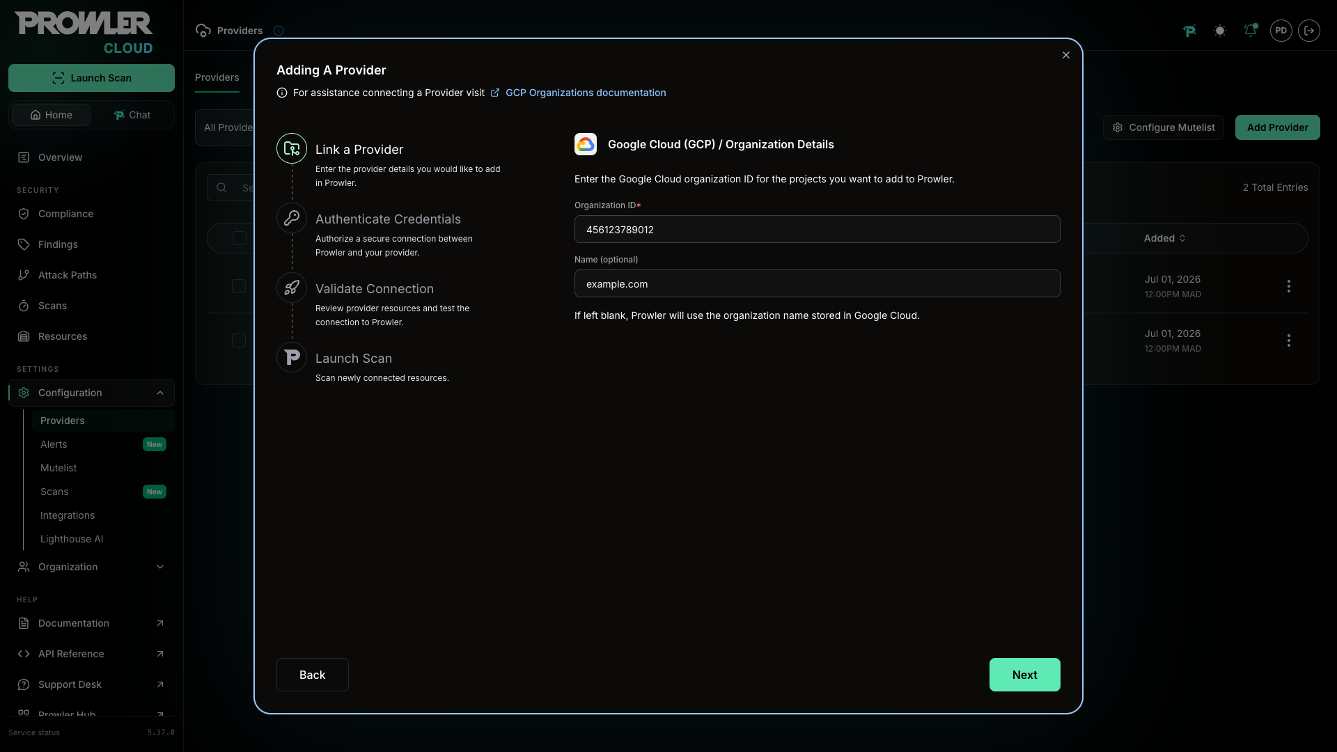 Organization Details form with the Google Cloud organization ID and Name fields