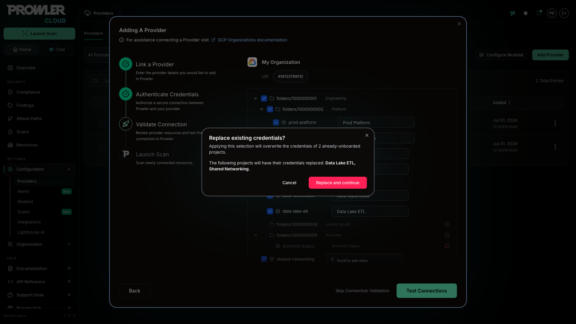 Replace existing credentials modal listing the projects whose credentials will be replaced