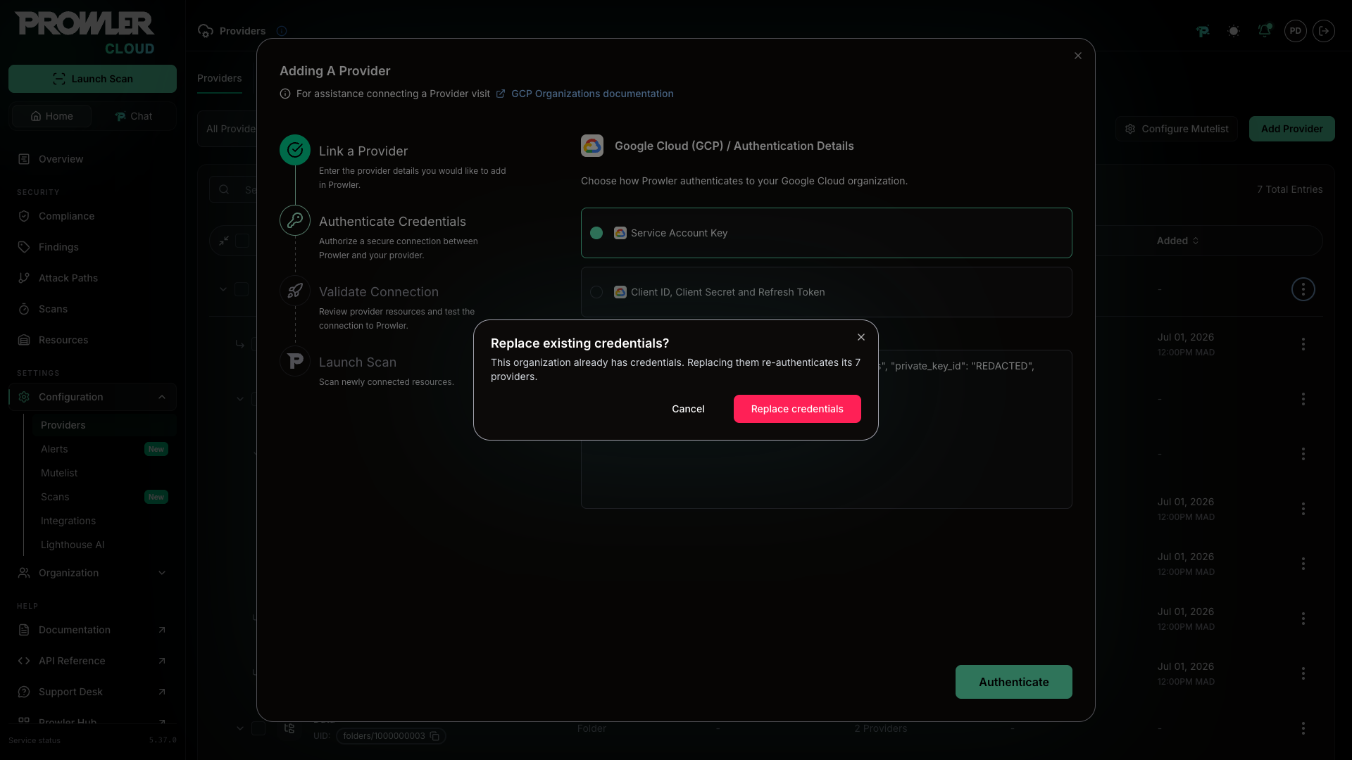 Replace existing credentials modal showing how many providers re-authenticate