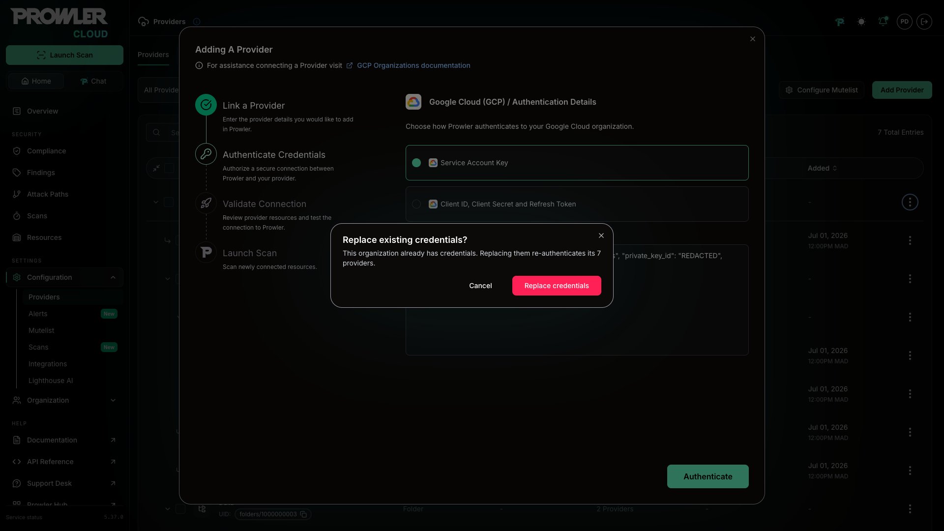 Replace existing credentials modal showing how many providers re-authenticate