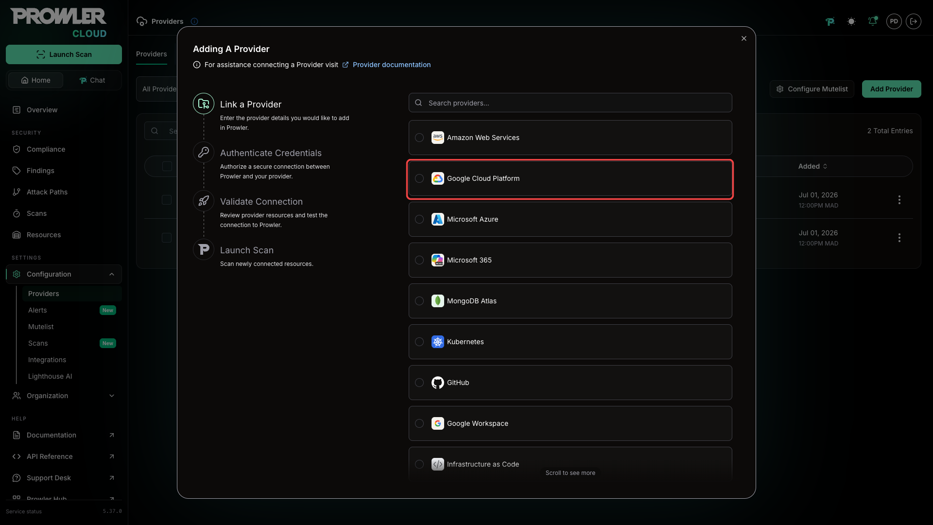 Provider selection modal with Google Cloud highlighted