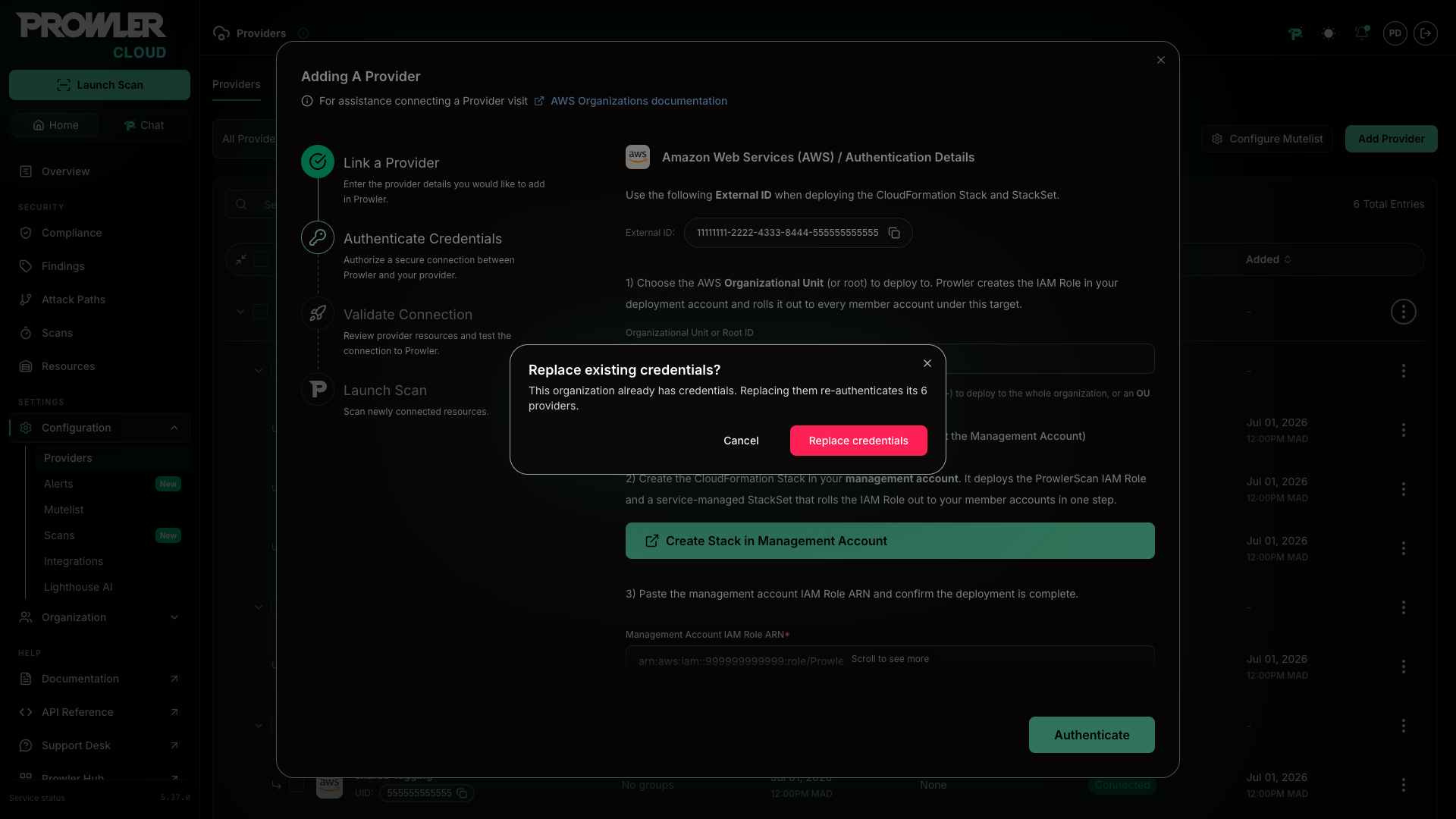 Replace existing credentials modal showing how many providers re-authenticate