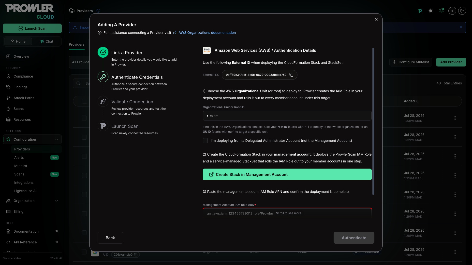 Deployment account Role ARN field in the Authentication Details form
