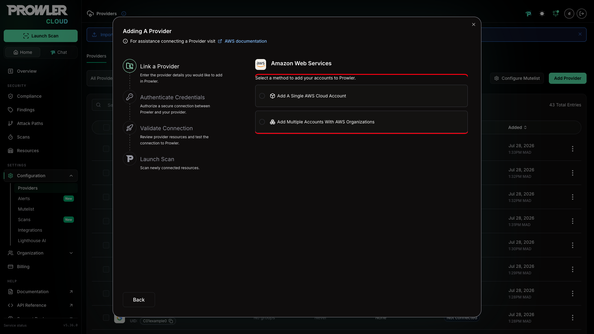 Method selector showing Add Multiple Accounts With AWS Organizations option highlighted