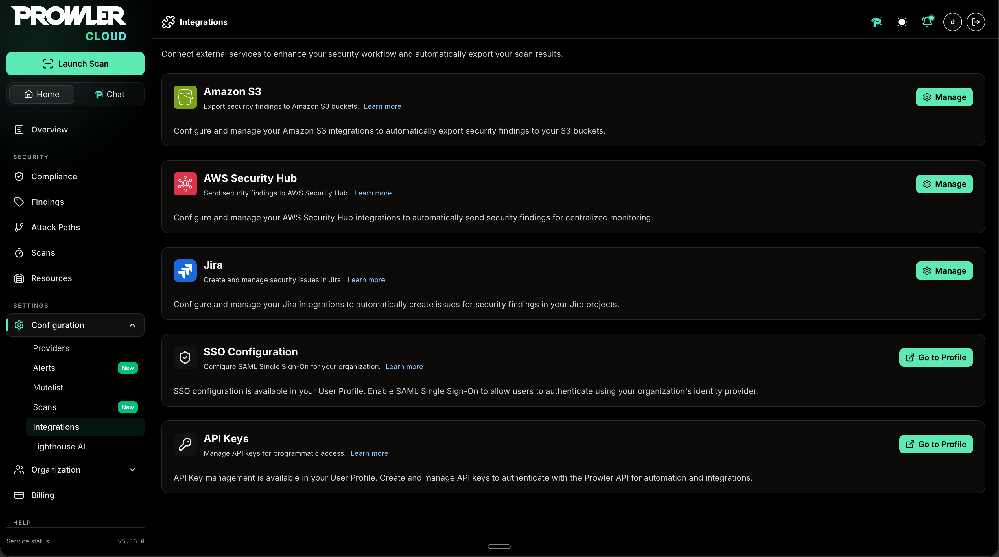 Integrations tab