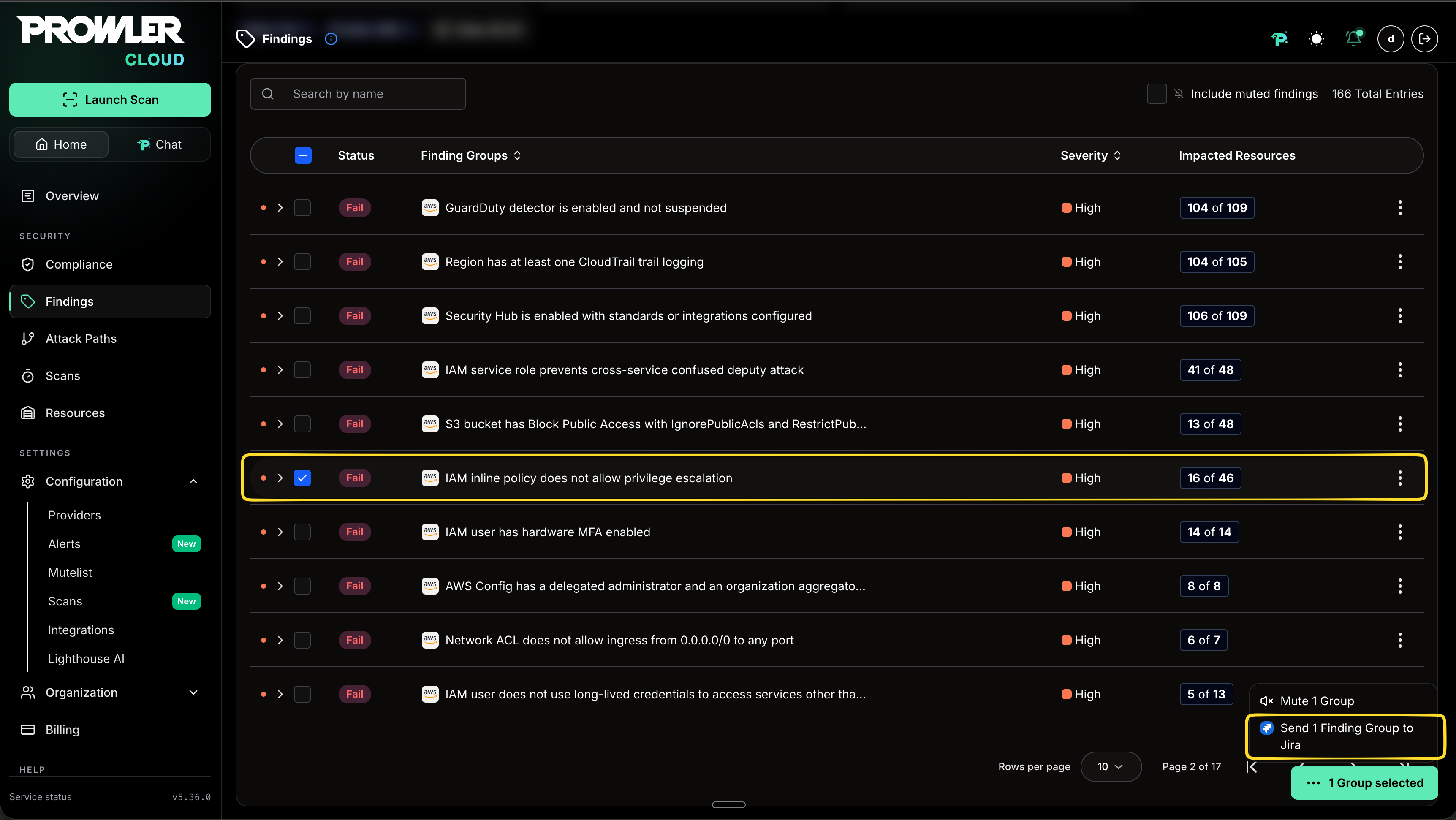 A complete Finding Group selected with the Send Finding Group to Jira action highlighted