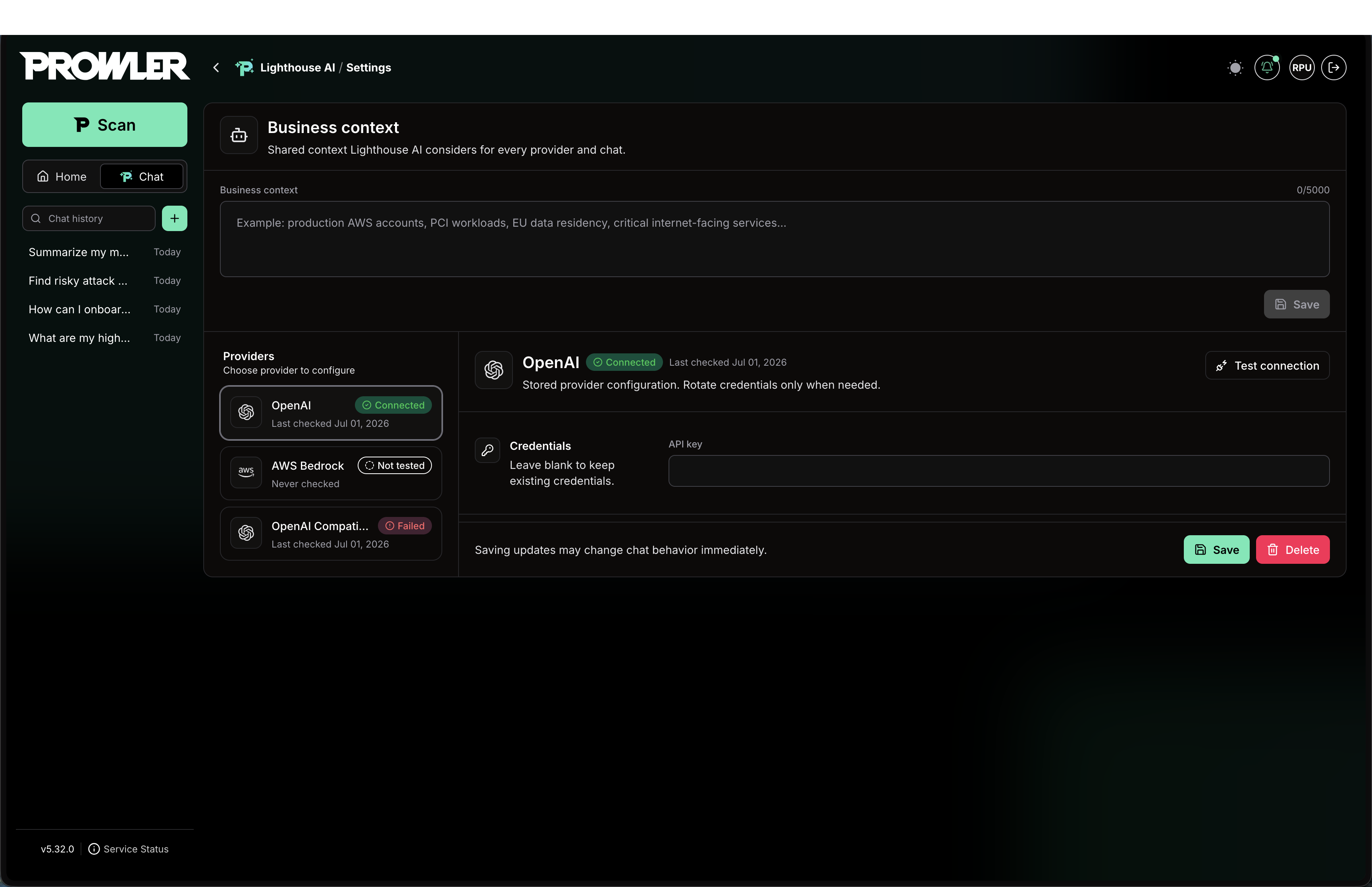Lighthouse AI configuration page in Prowler Cloud