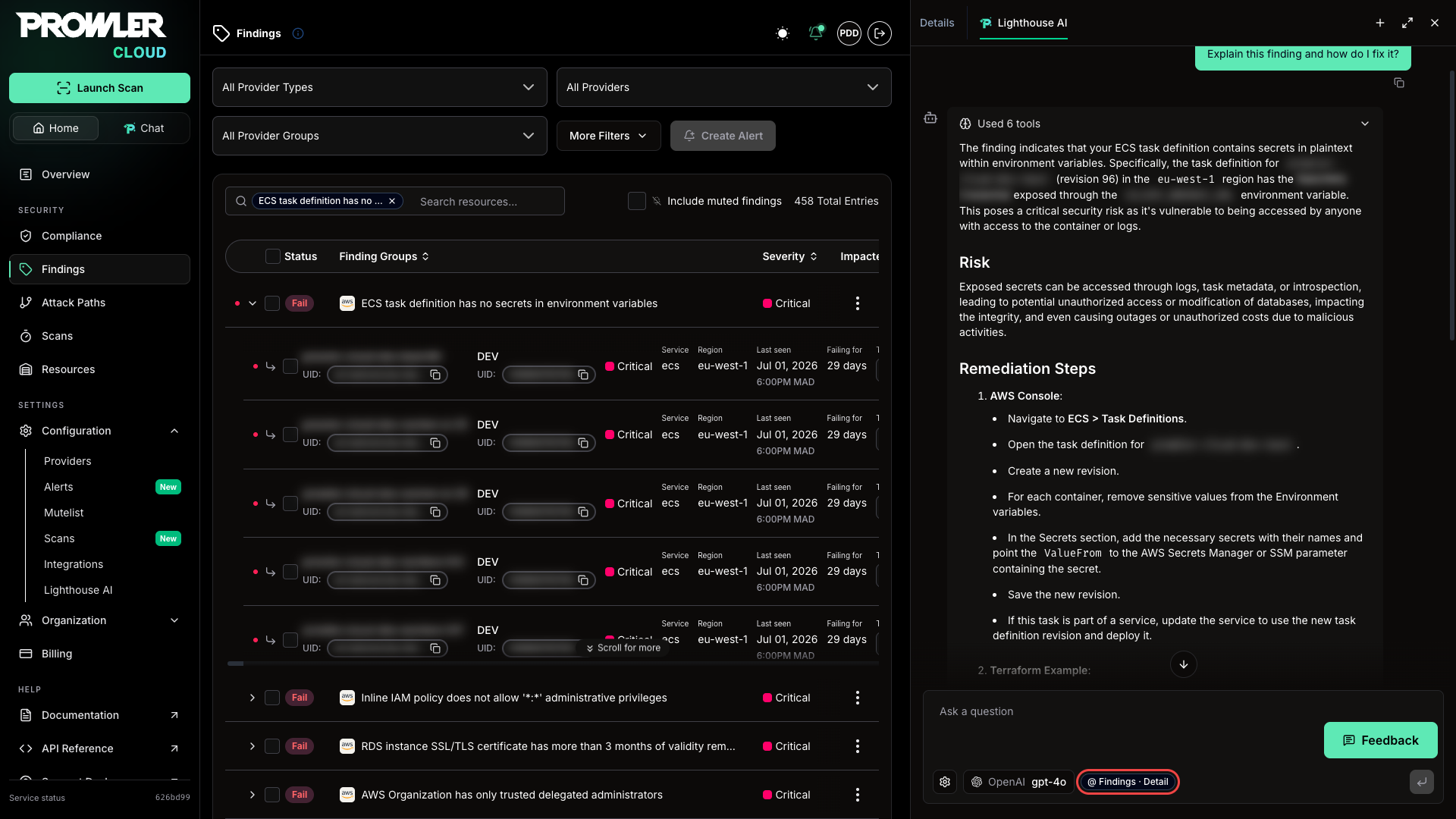 Lighthouse AI answering "explain this finding" from the side panel, with the page context chip highlighted in the composer