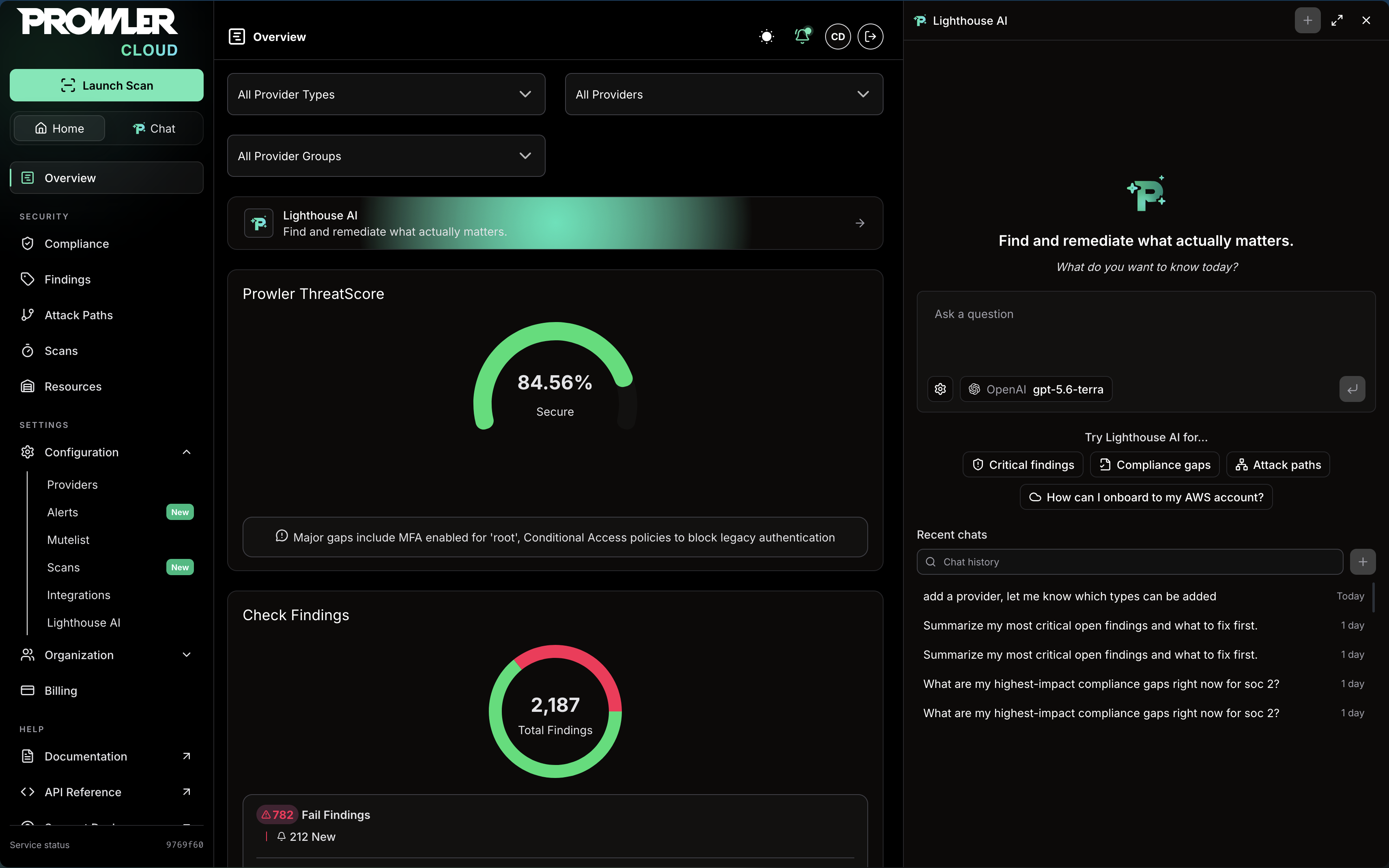 Lighthouse AI side panel open alongside a Prowler Cloud page
