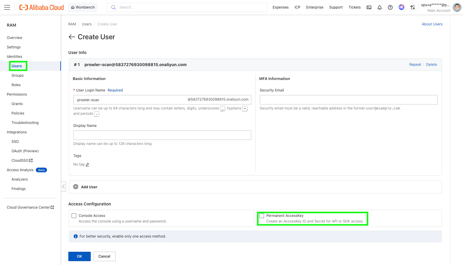 Create a RAM user and enable Permanent AccessKey