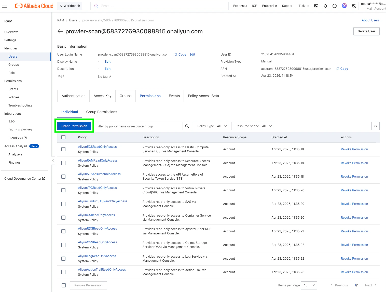 Grant permissions to the RAM user