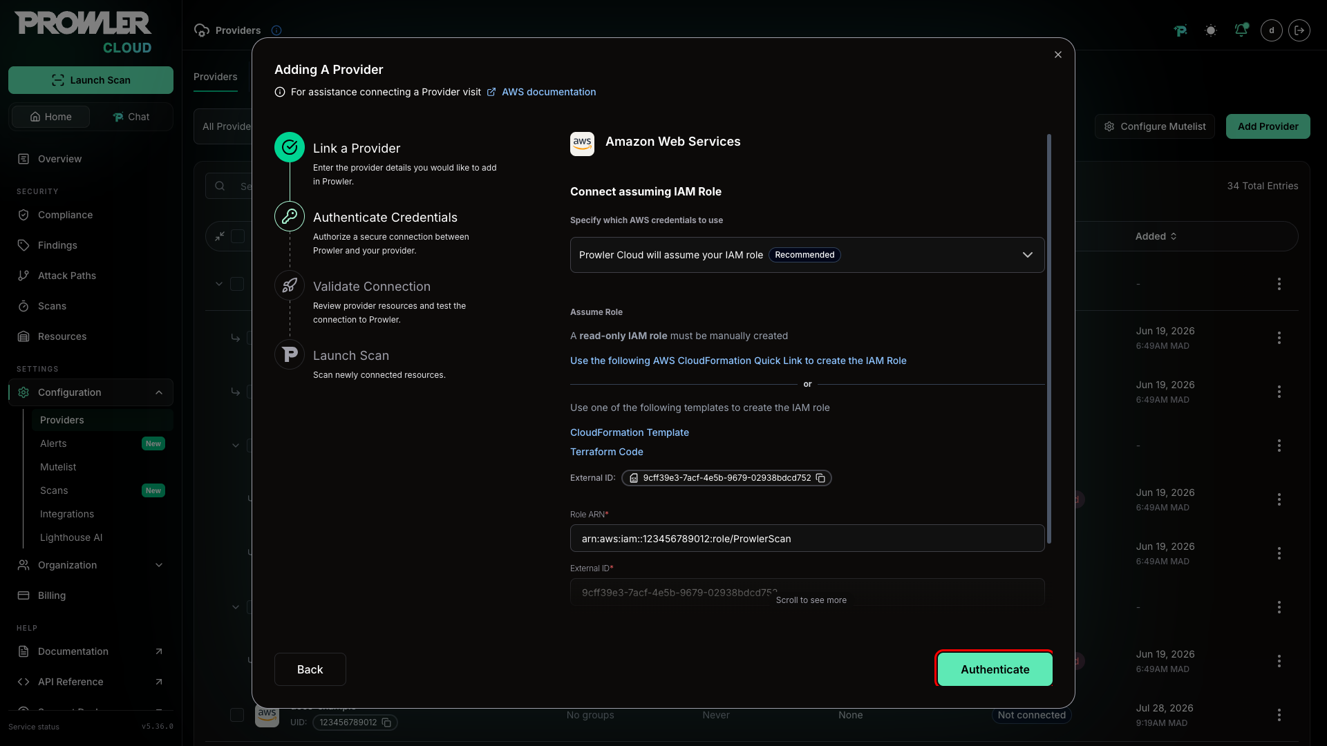 Next button in Prowler Cloud
