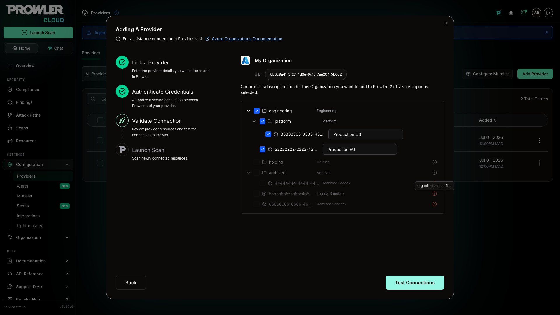 Blocked subscription row with the reason shown in a tooltip