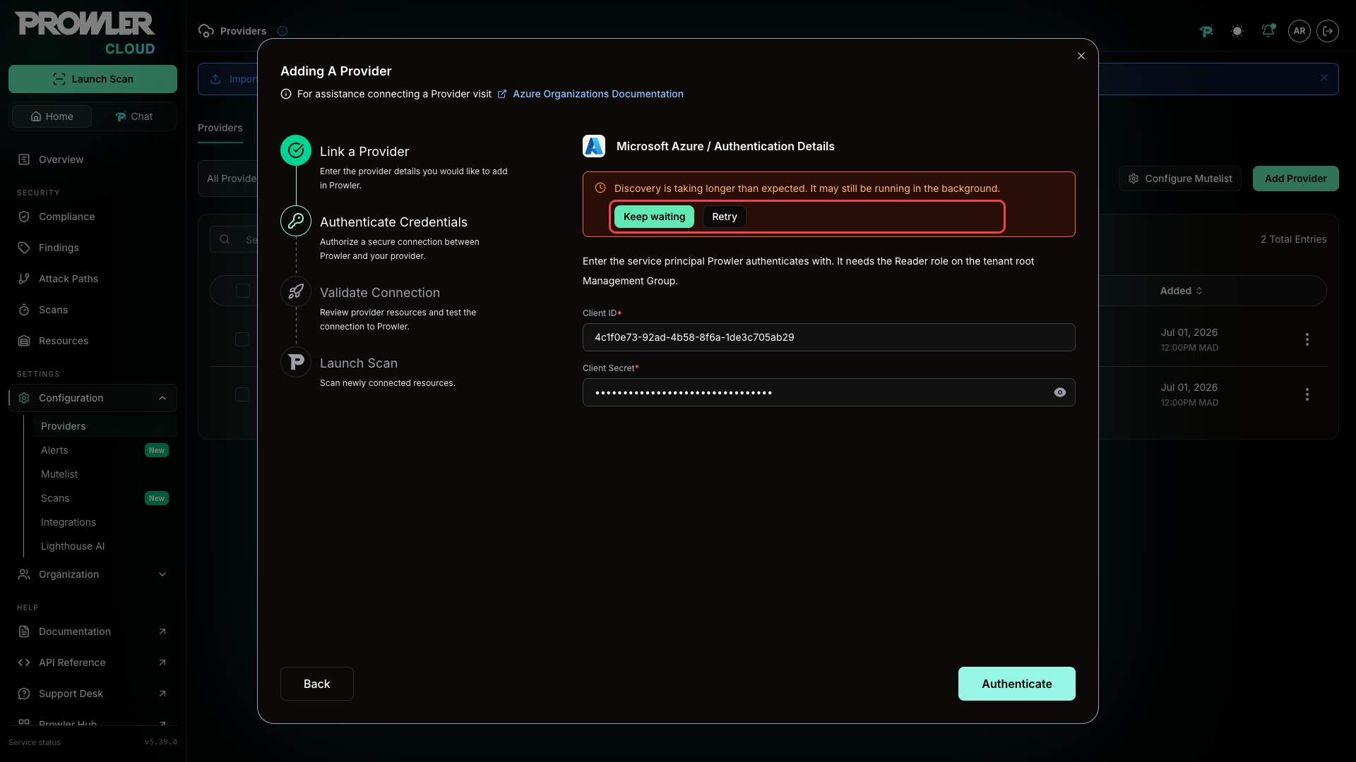 Discovery timeout notice offering Keep waiting and Retry