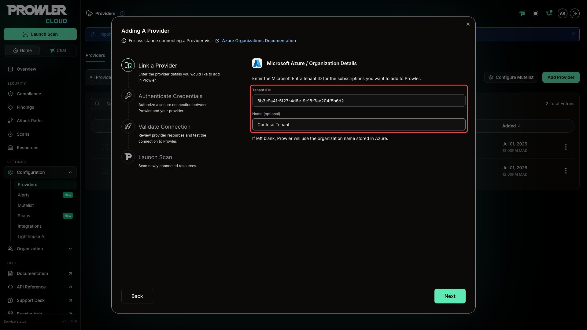 Organization Details form with the Microsoft Entra tenant ID and Name fields
