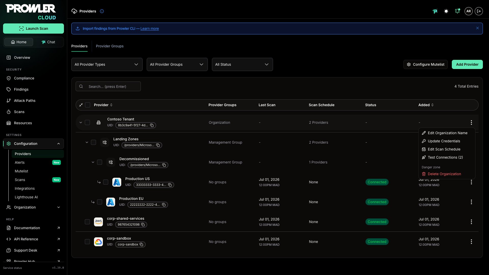 Row actions menu on an Azure organization row