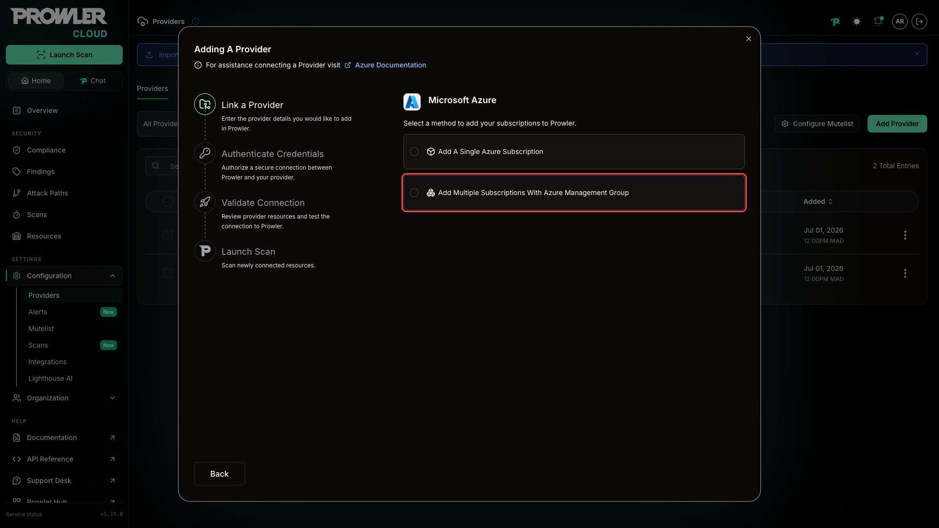 Method selector showing the Add Multiple Subscriptions With Azure Management Group option highlighted