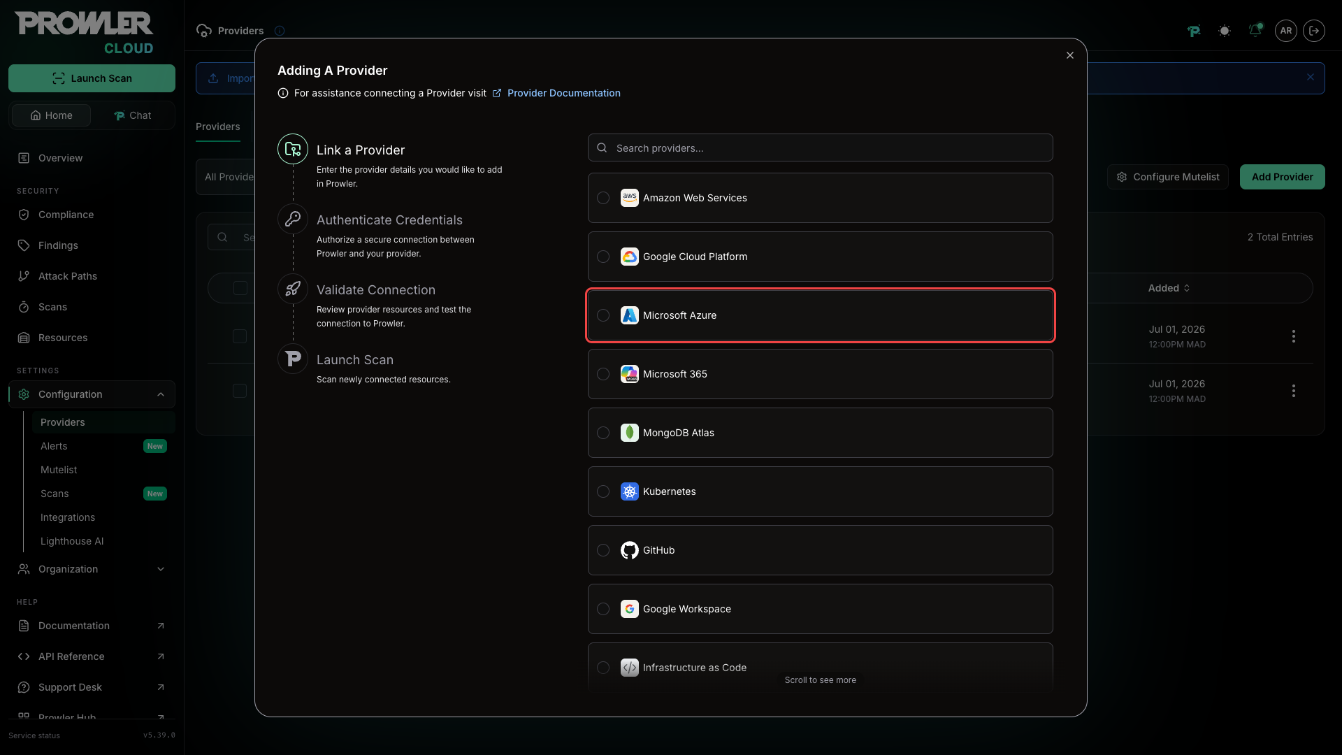 Provider selection modal with Microsoft Azure highlighted