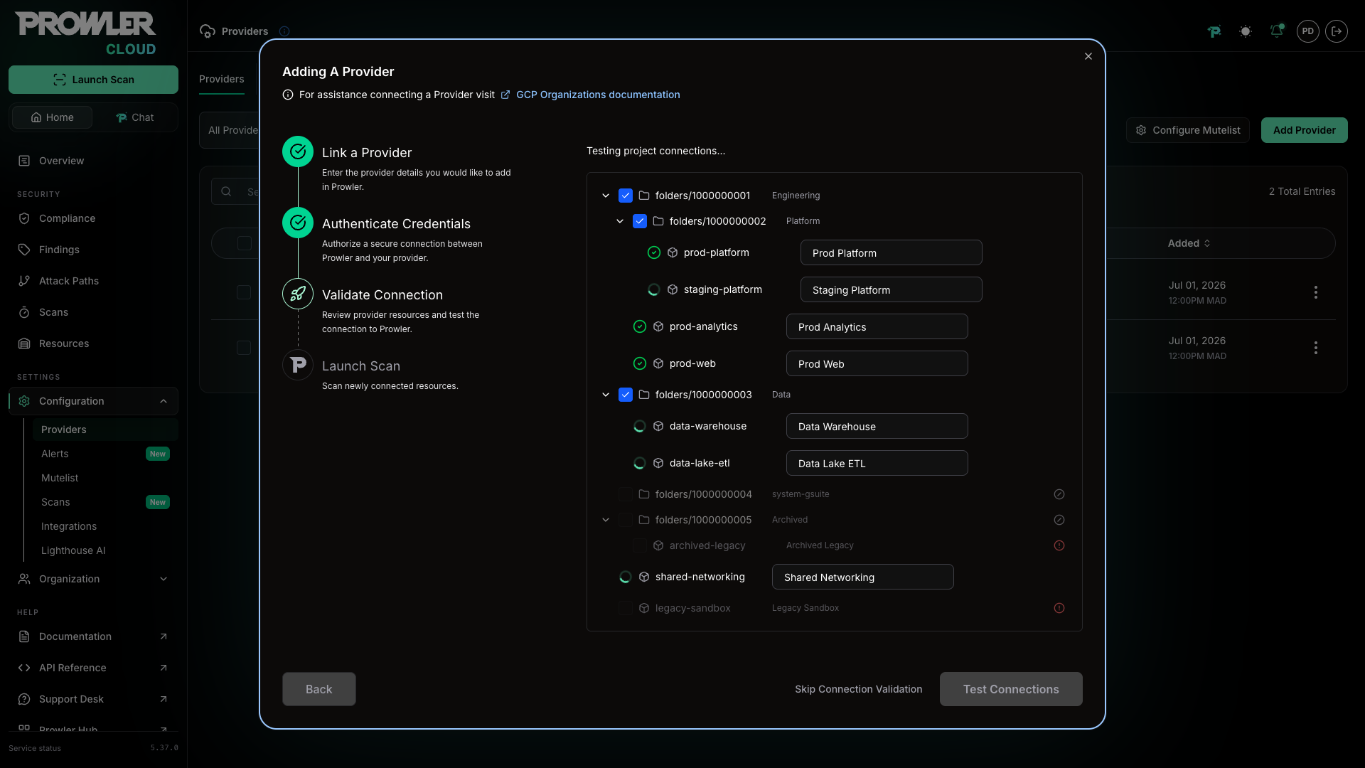 Connection testing in progress with status icons on each project