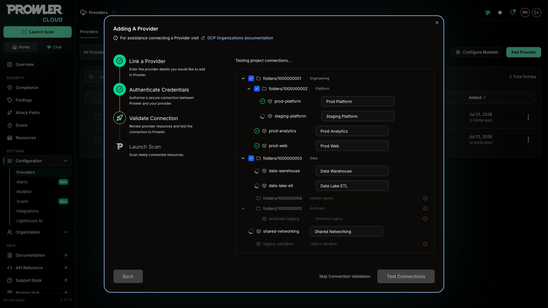 Connection testing in progress with status icons on each project