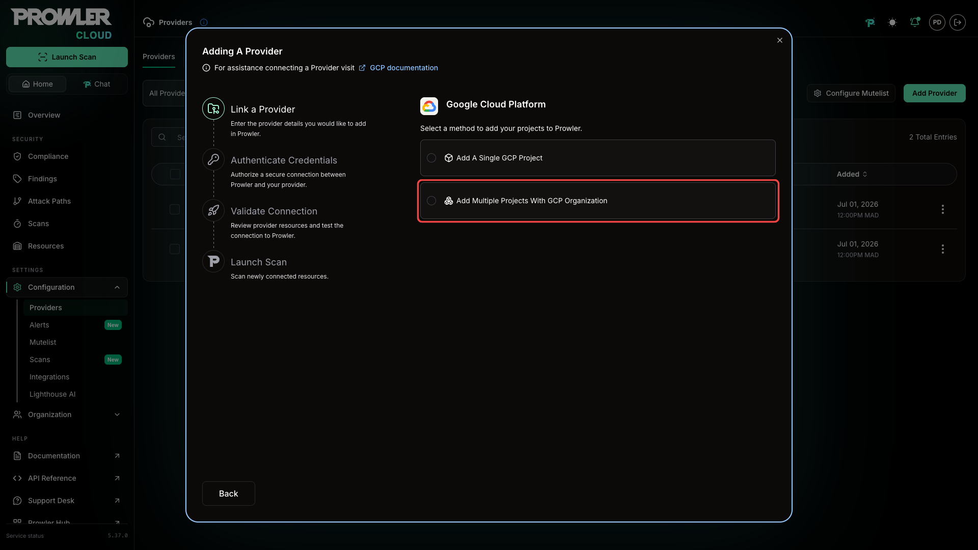 Method selector showing Add Multiple Projects With GCP Organization option highlighted