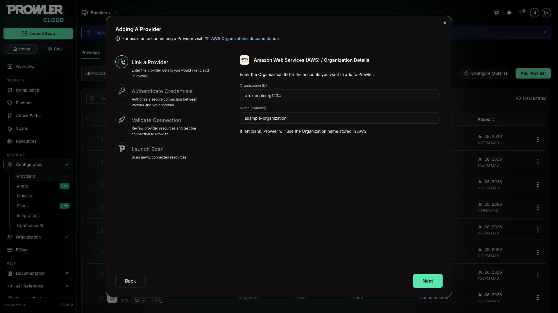 Organization Details form with Organization ID and Name fields