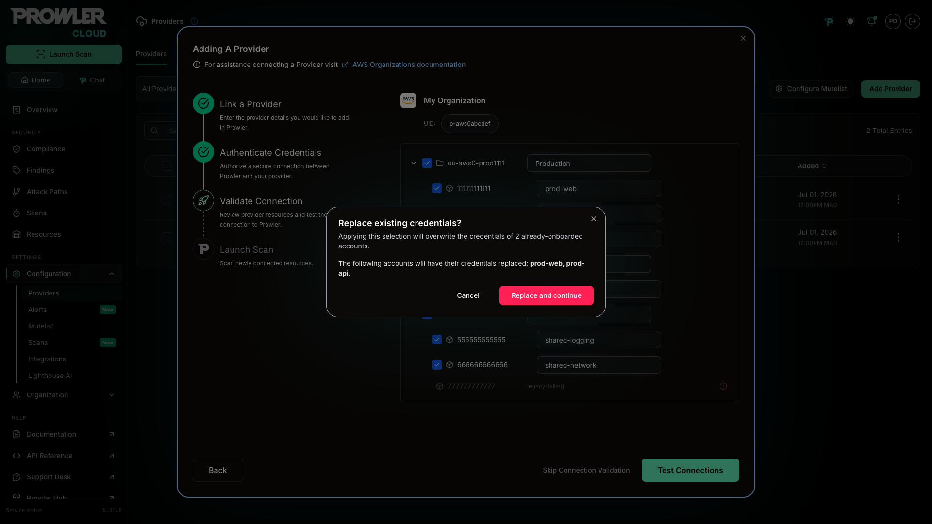 Replace existing credentials modal listing the accounts whose credentials will be replaced