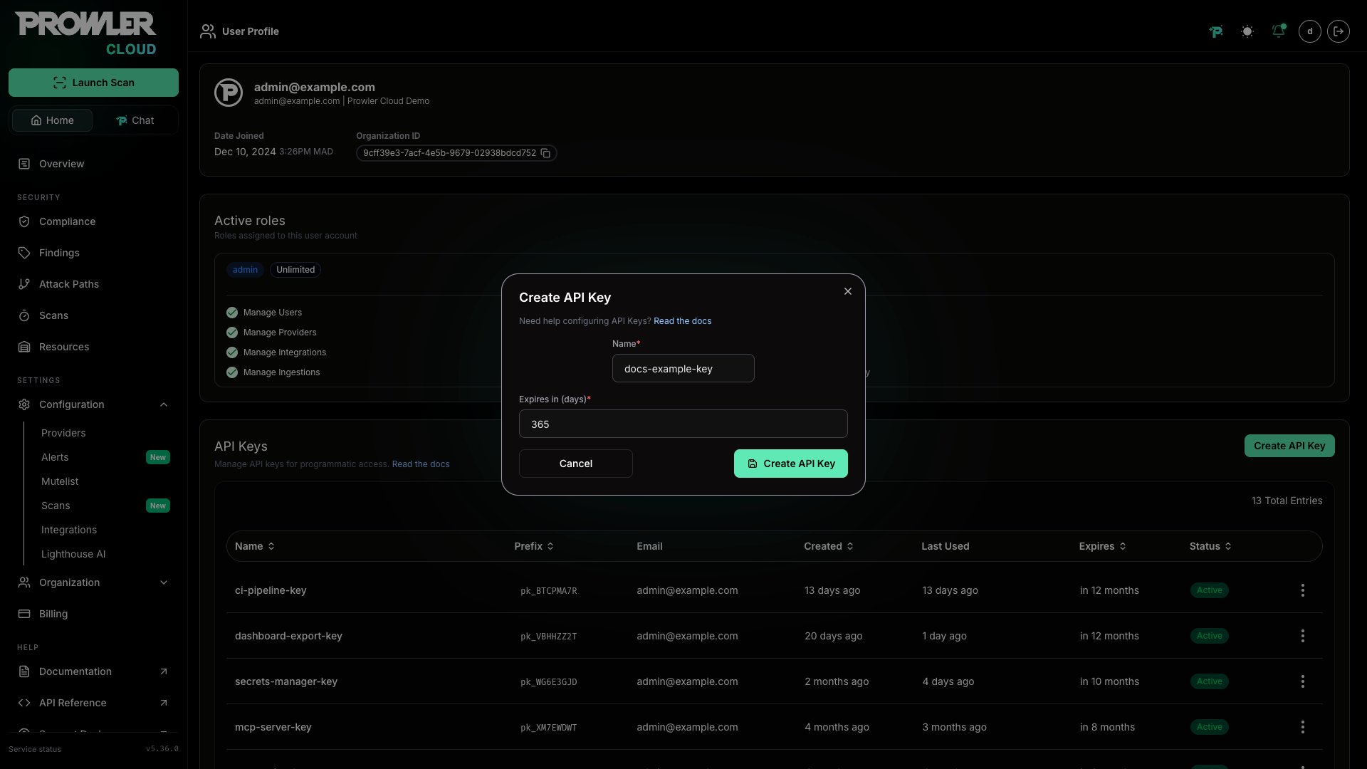 Create API key form