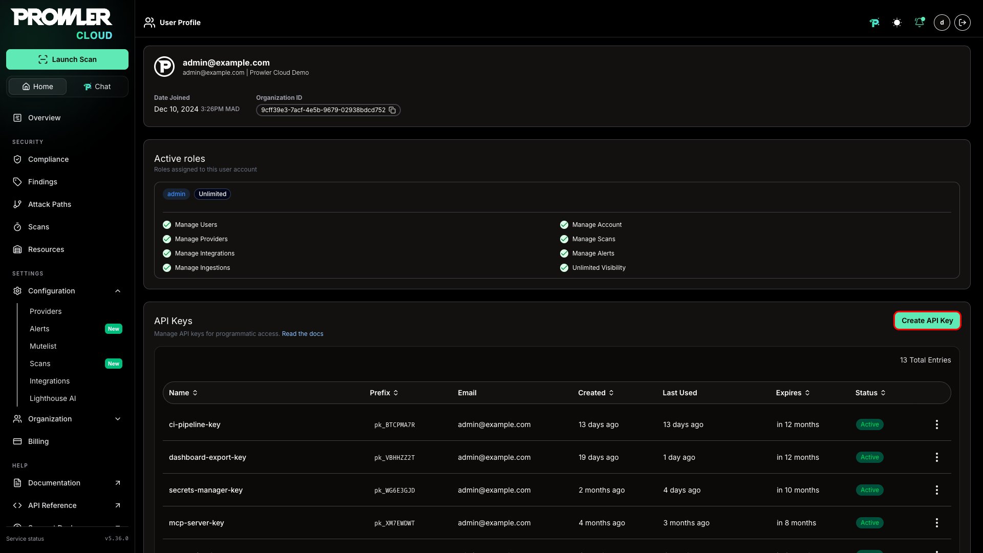 API Keys list