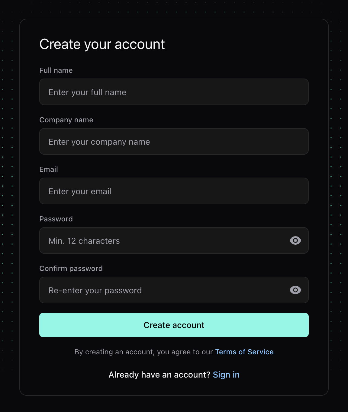Create your account form