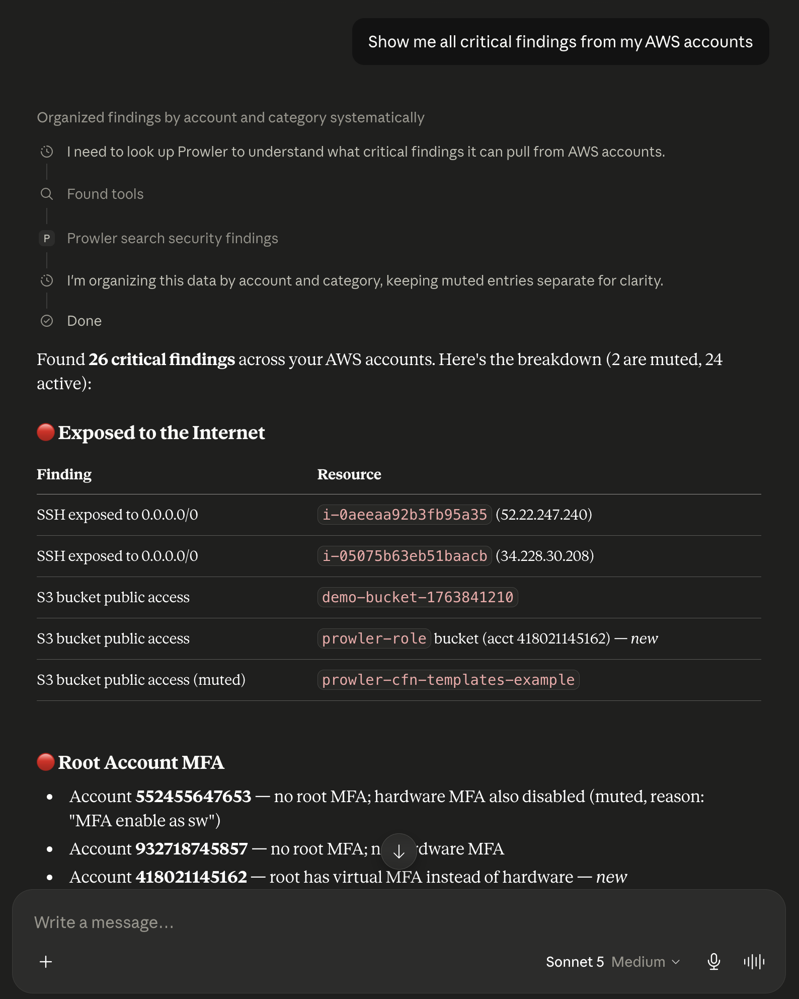Claude app chat showing the Prowler MCP tools available