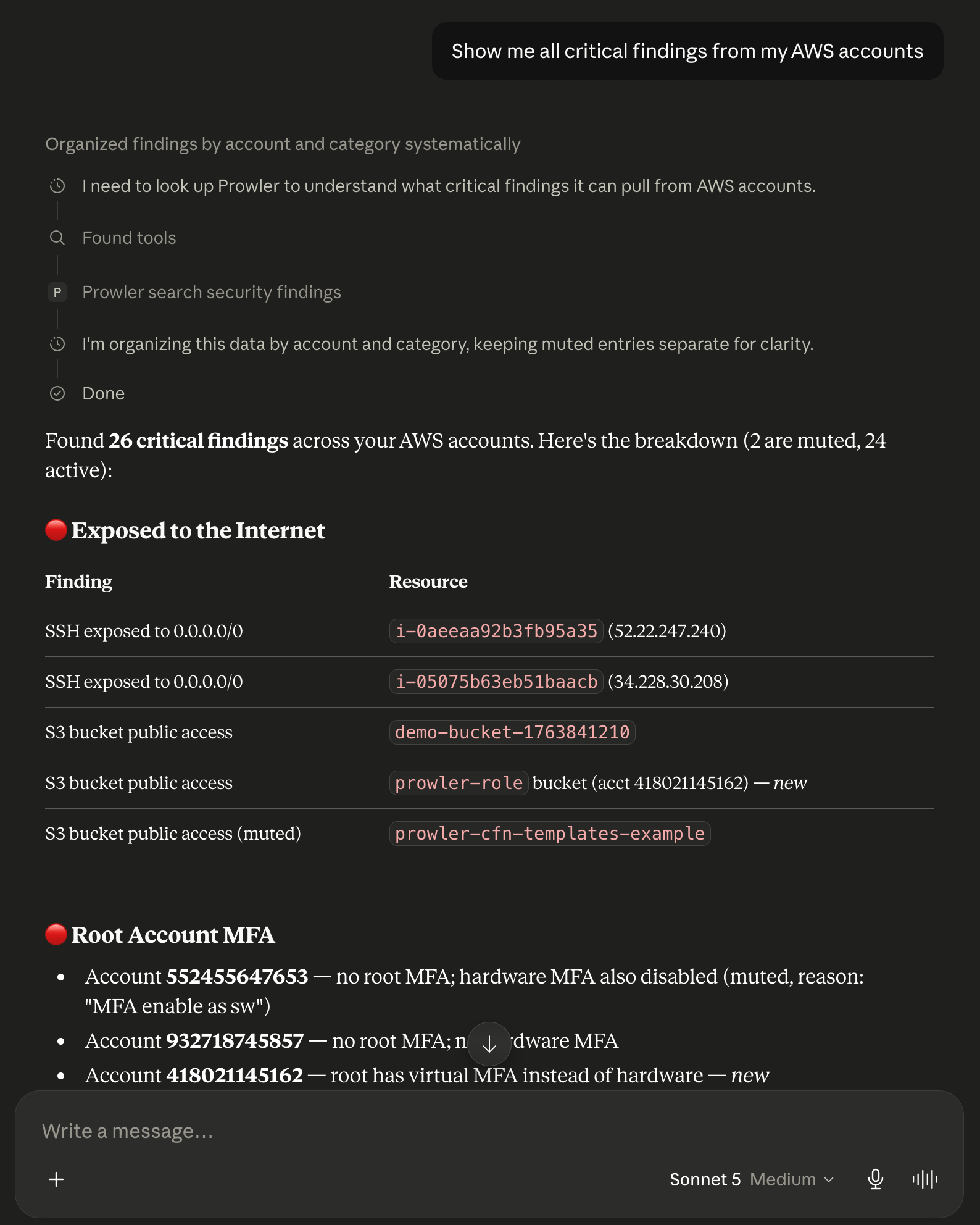 Claude app chat showing the Prowler MCP tools available