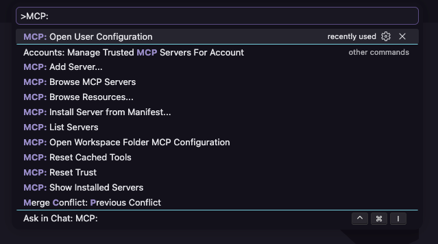 VS Code command palette showing the MCP: Open User Configuration command