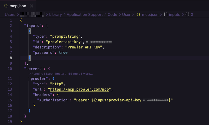 VS Code editor showing the completed mcp.json with the Prowler server entry