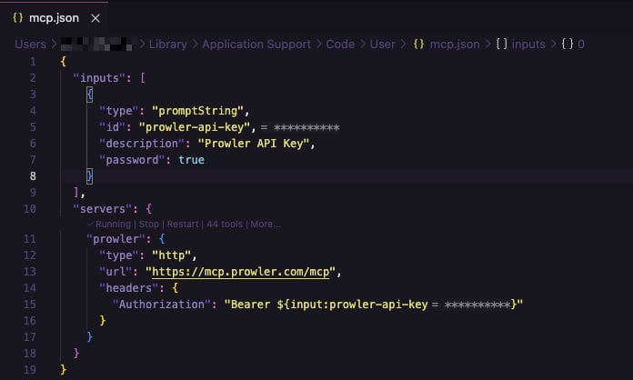 VS Code editor showing the completed mcp.json with the Prowler server entry