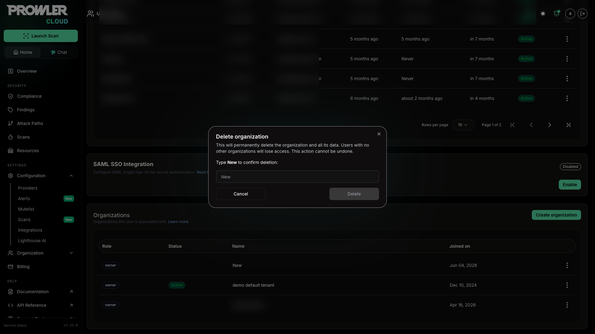 Delete organization confirmation modal