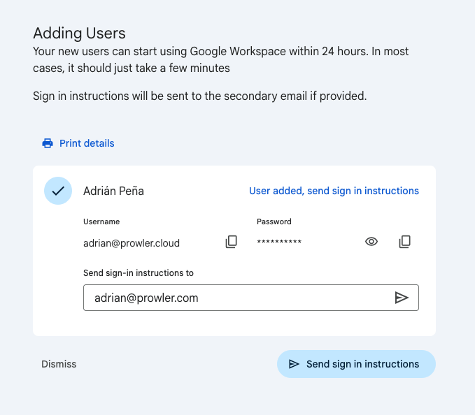 User created successfully - Username and temporary password