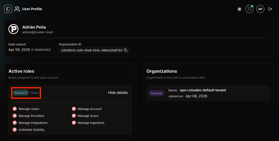 Prowler Cloud - User profile showing role "Backend" created from userType mapping