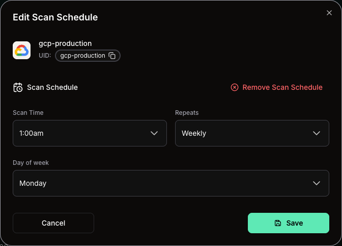 Edit Scan Schedule modal showing a weekly provider schedule and Remove Scan Schedule action