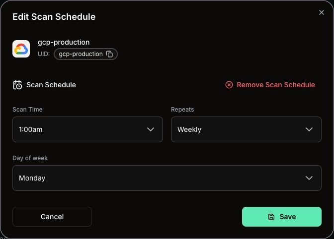 Edit Scan Schedule modal showing a weekly provider schedule and Remove Scan Schedule action