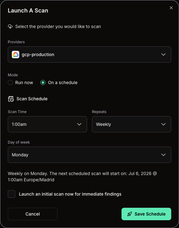 Launch A Scan modal showing On a schedule mode, weekly schedule controls, and Save Schedule button