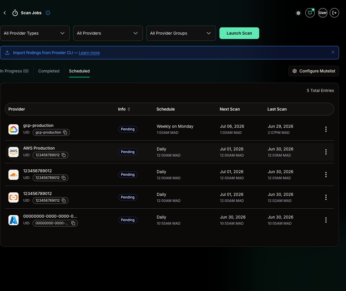 Scans Scheduled tab showing pending scheduled scans, schedule cadence, next scan, and last scan columns