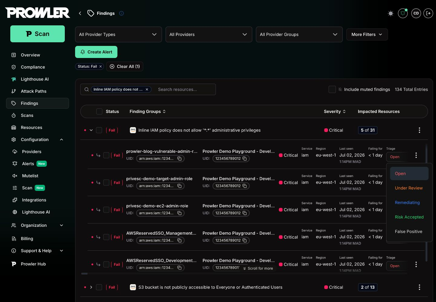 Findings Triage Status Selector