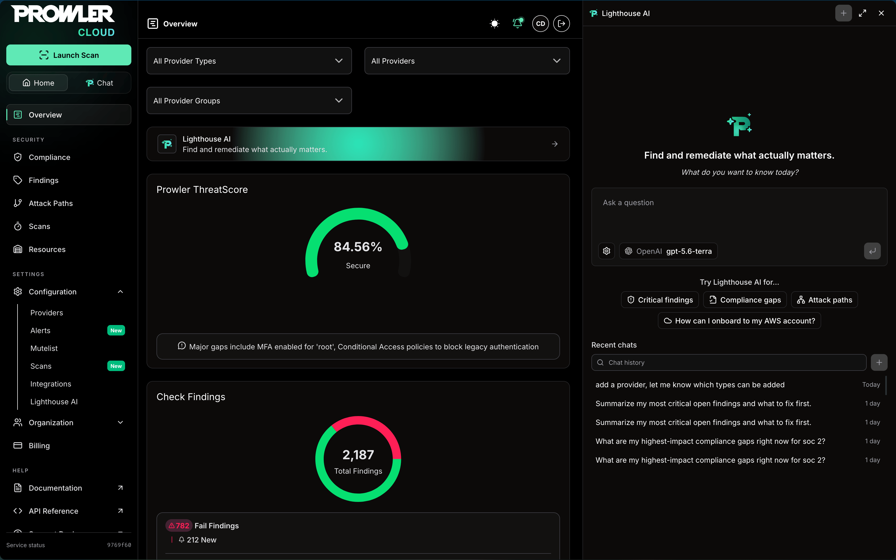 Lighthouse AI side panel open alongside a Prowler Cloud page