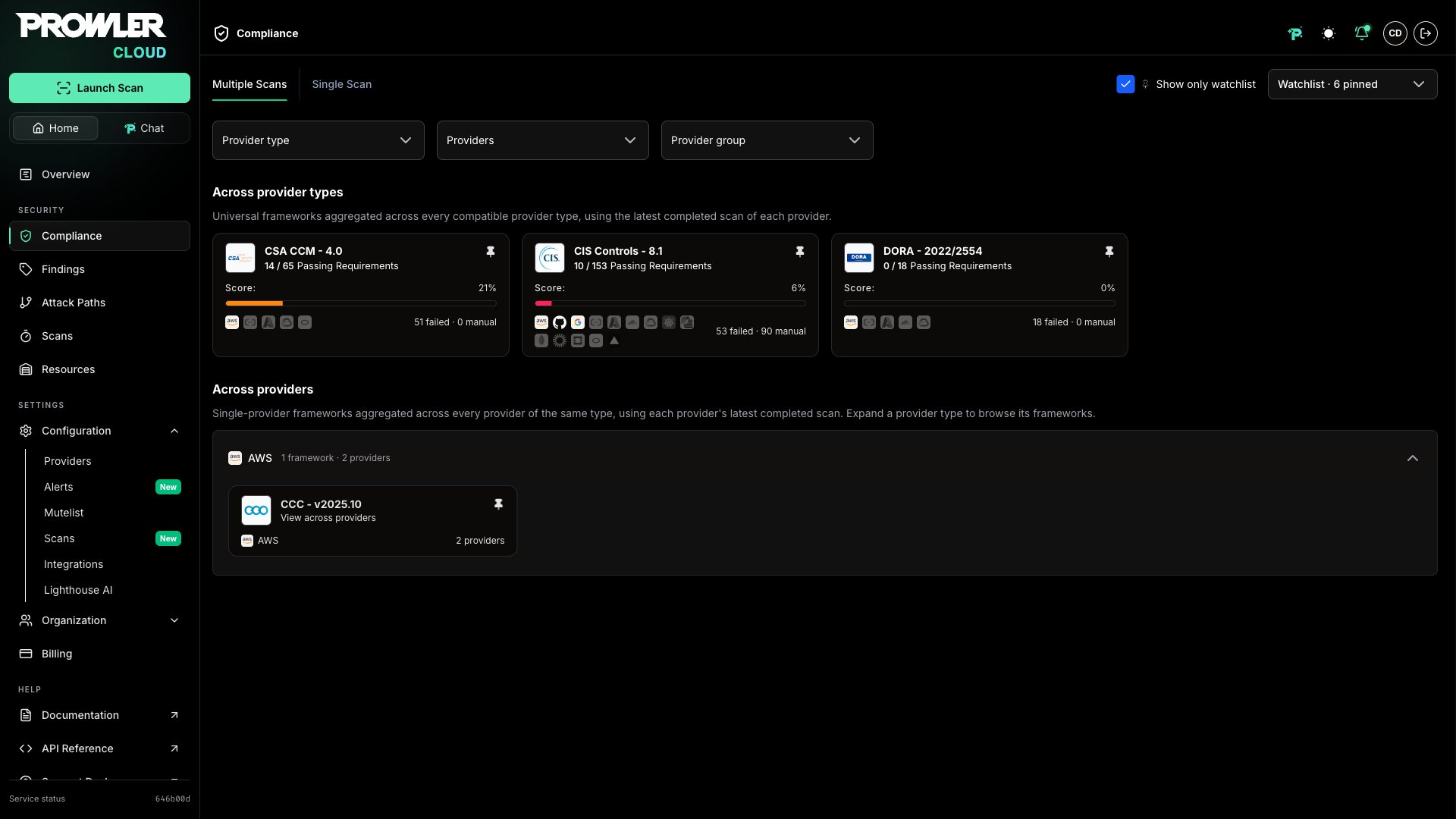 Multiple Scans tab with Show only watchlist enabled, where the AWS group of the Across providers section lists only its pinned framework