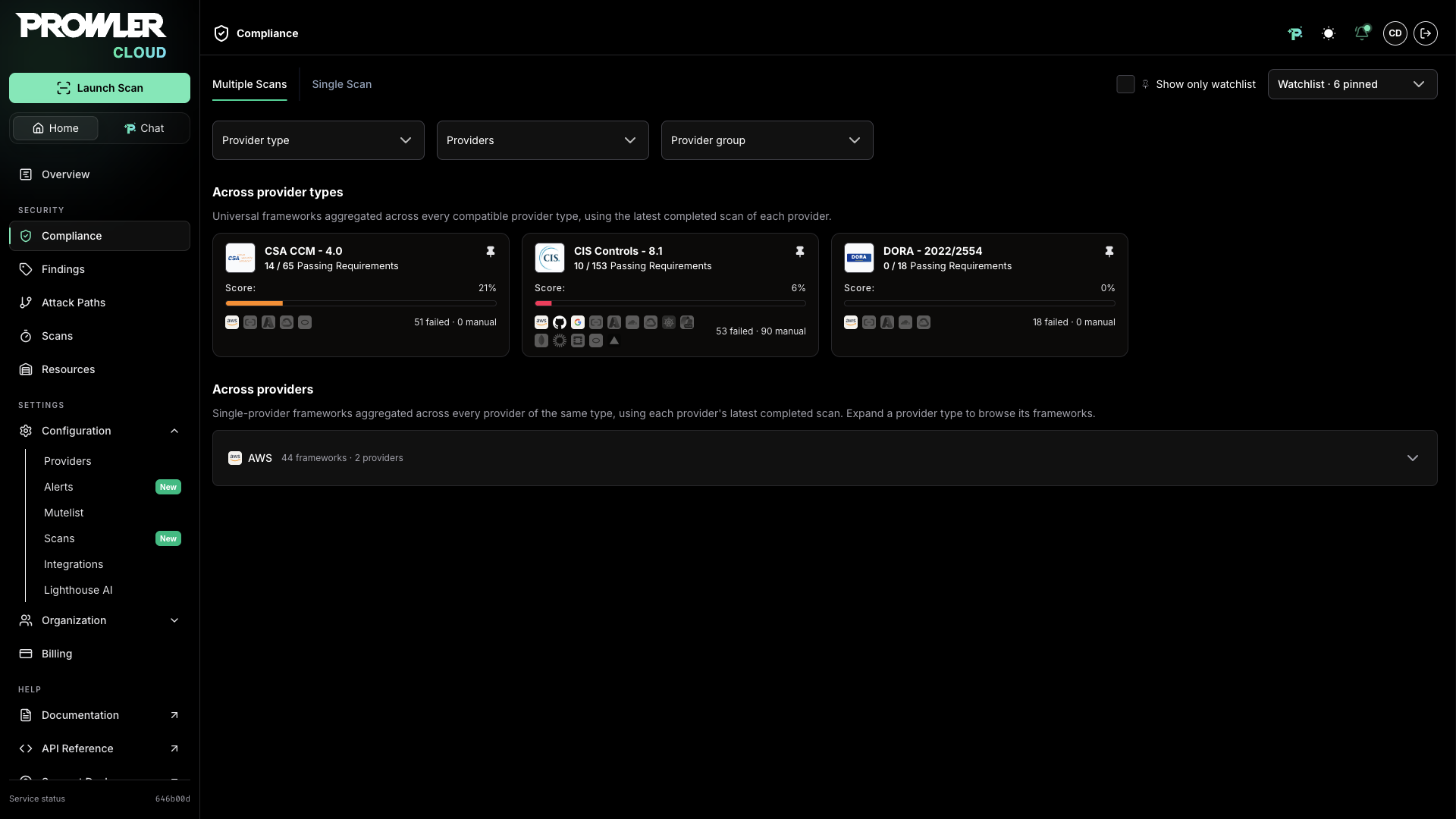 Multiple Scans tab with the watchlist controls above the tabs and a filled pin on each universal framework card